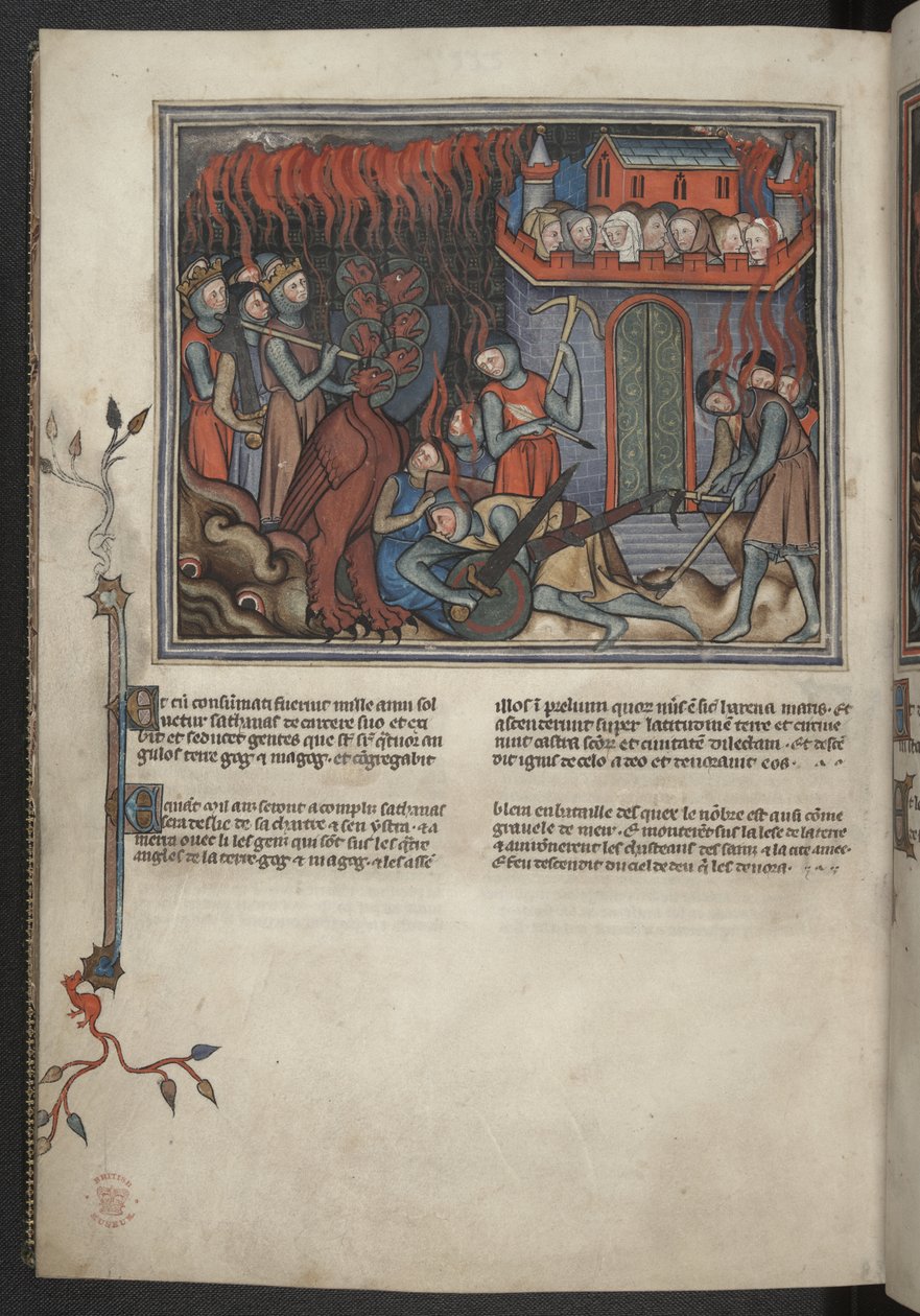 Lägg till 17333, f.42v, Miniatyr av himlens arméer som kämpar mot draken (Uppenbarelseboken XIX:19-20), från Apocalypse (