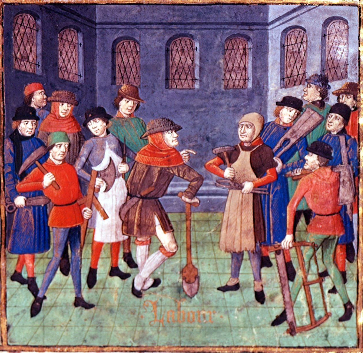 Lägg till 18750 fol.3 Workmen with tools, detalj från dedikationsprologen till Duc de Berry i 