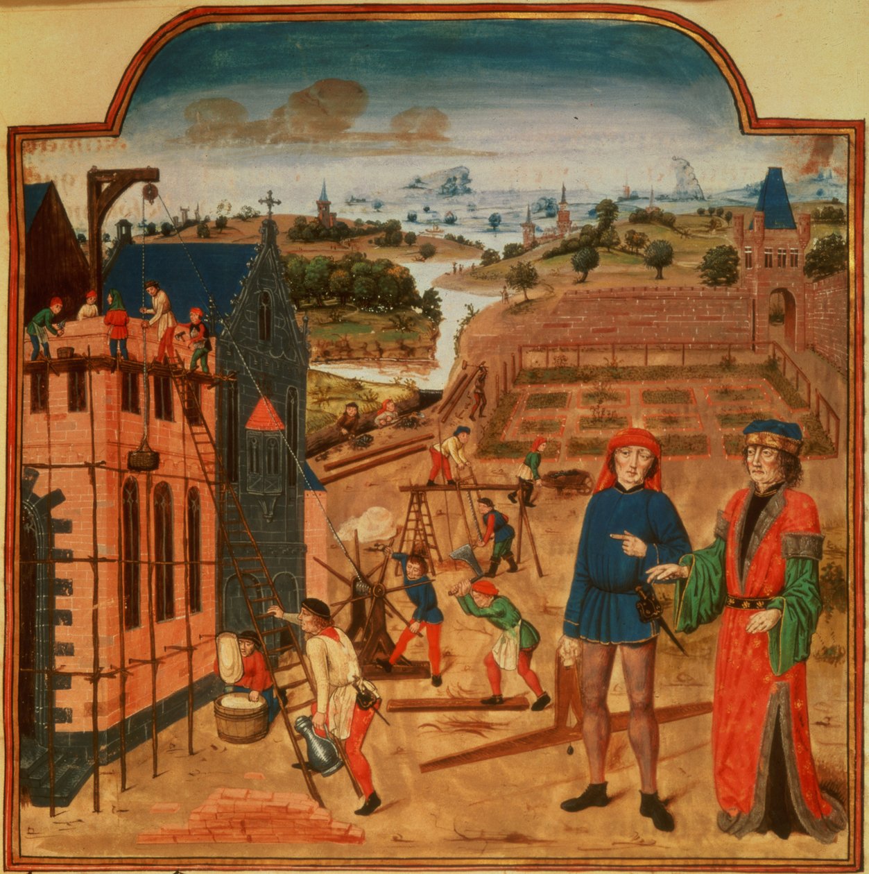Lägg till 19720 f.27 Byggande av ett trädgårdshus med formella trädgårdar och landskap i bakgrunden, från Livre des Prouffits Champetres et Ruraulx av Pietro de Crescenzi (1230-1320/1) (vellum) av French School