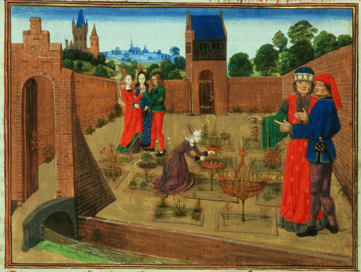 Lägg till 19720 fol.214 Muromgärdad trädgård med en kvinna som arbetar i trädgården och andra som skvallrar, från Livre des Prouffits Champetres et Ruraulx av Pietro de Crescenzi (1230-1320) (vellum) av French School