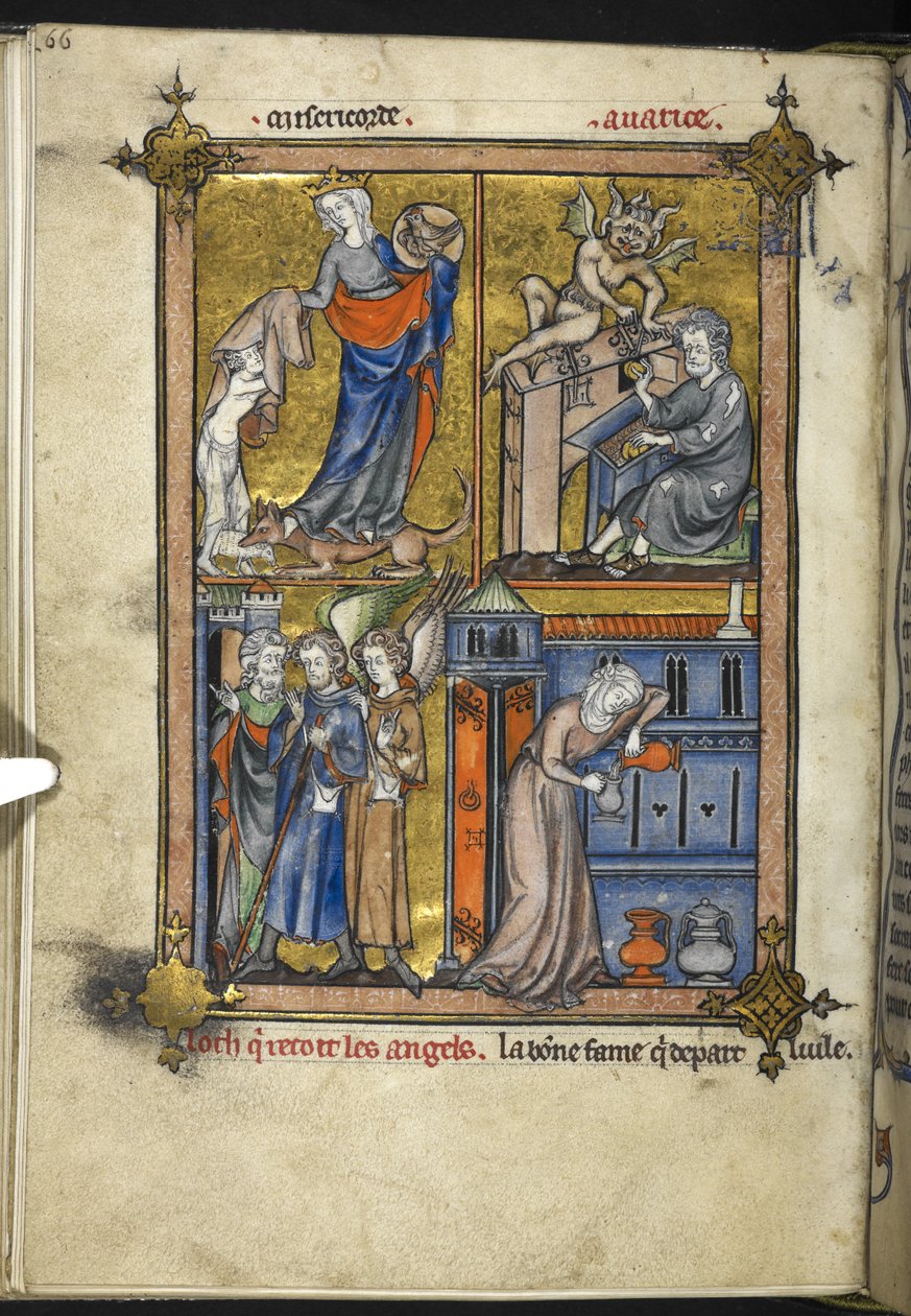 Lägg till. 54180, f. 136v, Miniatyr med änglar i pilgrimsklänning, från 