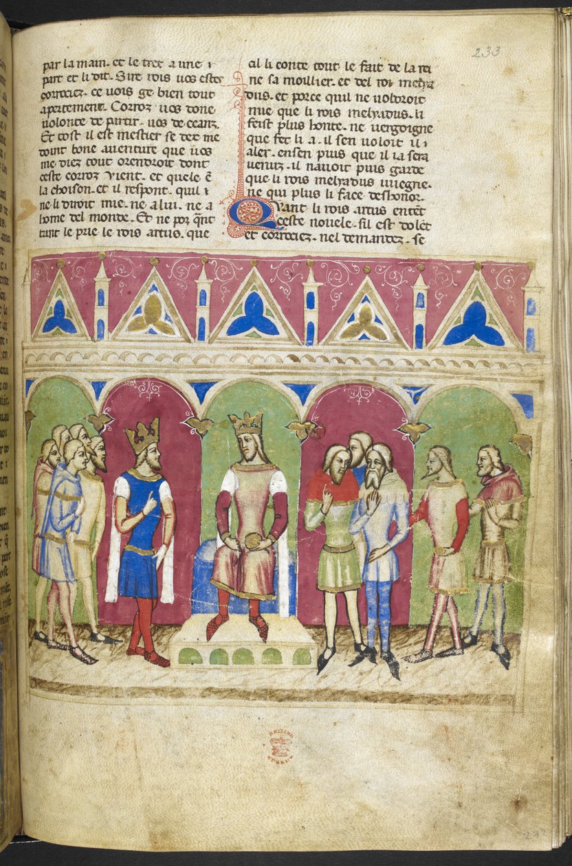 Lägg till. MS 12228, f.223, Roman du Roy Meliadus de Leonnoys, c.1352 (pergament) av French School