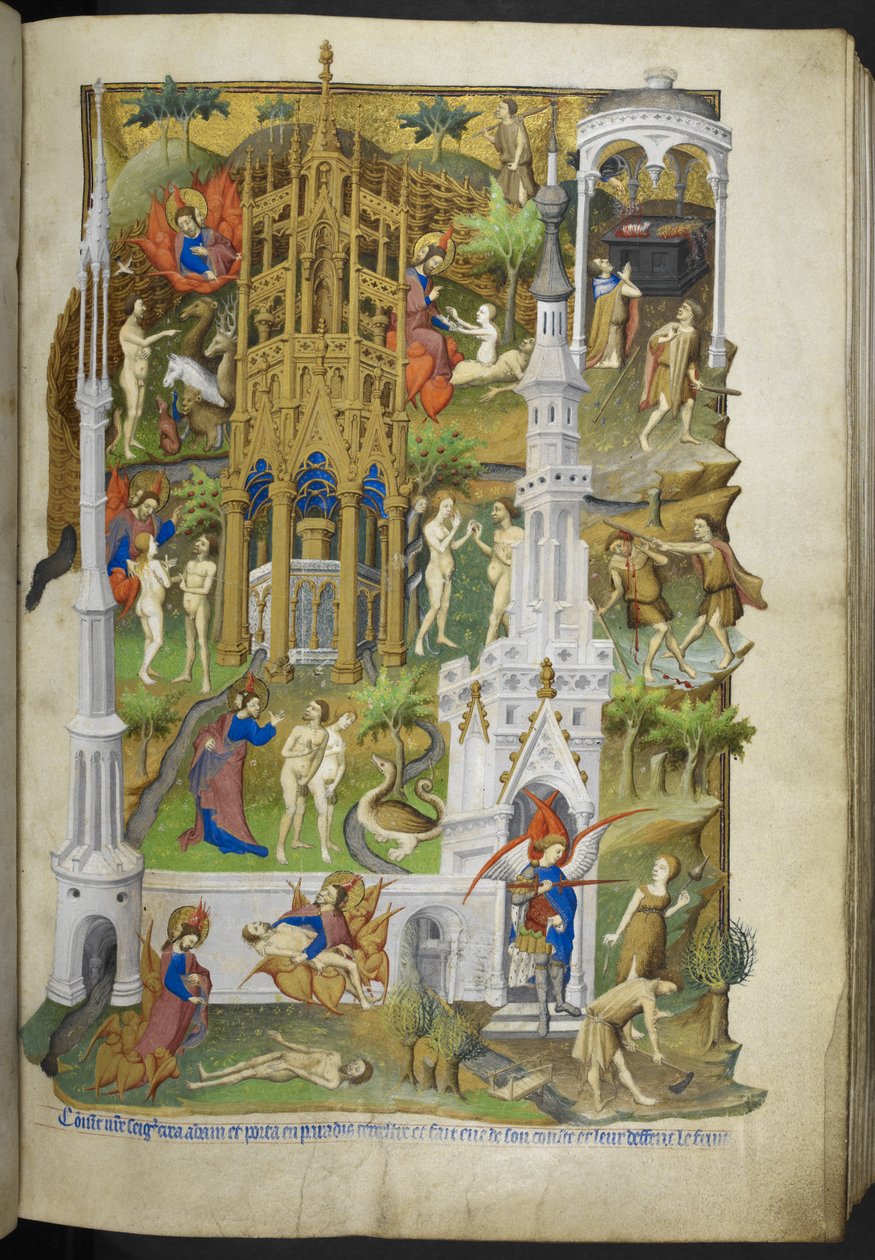 Lägg till Ms 18850 f.14r scener från skapelsen och fallet, Adam och Eva, och deras söner, Kain och Abel, från Book of Hours (The Bedford Hours) c.1410-30 (bläck, färg & guld på veläng) av French School