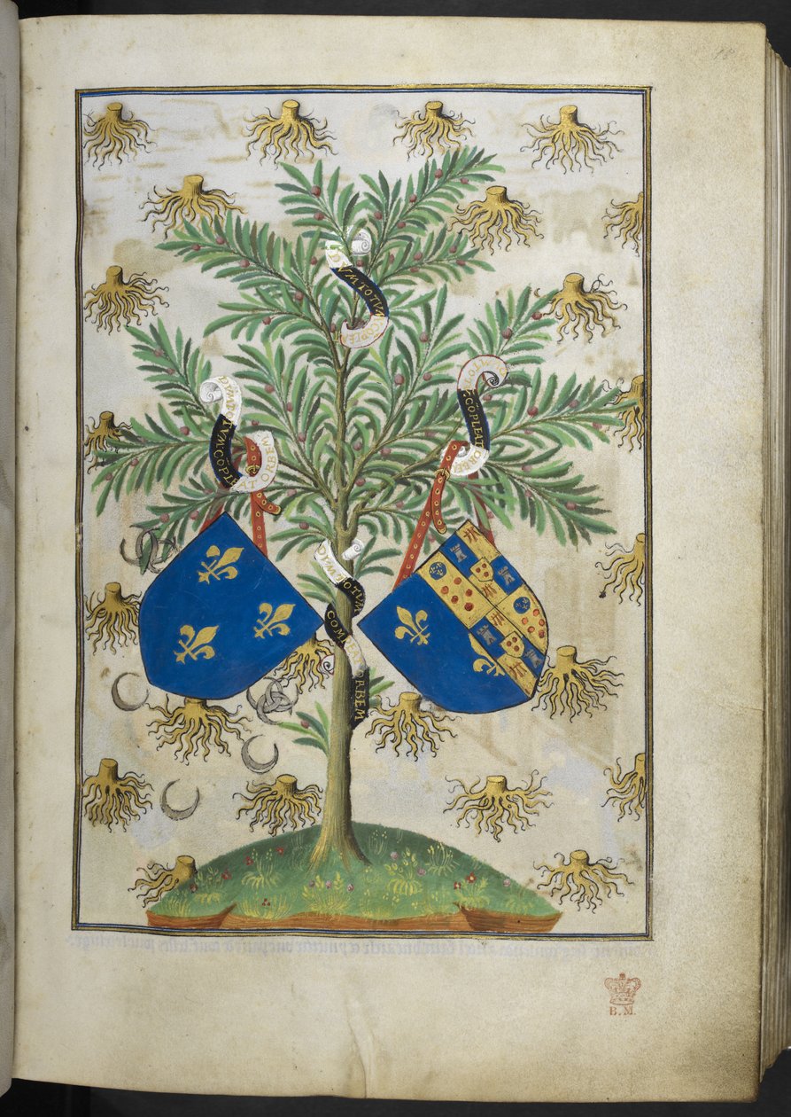 Lägg till sidan Ms 18850 f.15r Armorial, från Book of Hours (The Bedford Hours) c.1410-30 (bläck, färg och guld på veläng) av French School