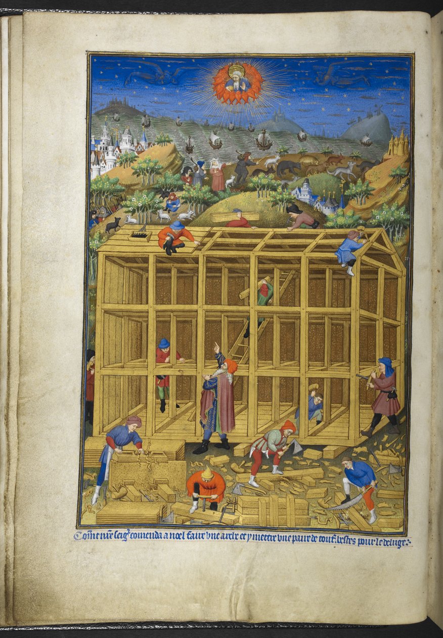 Lägg till Ms 18850 f.15v, The building of Noah’s Ark, från Time Book (The Bedford Hours) c.1410-30 (bläck, färg & guld på veläng) av French School
