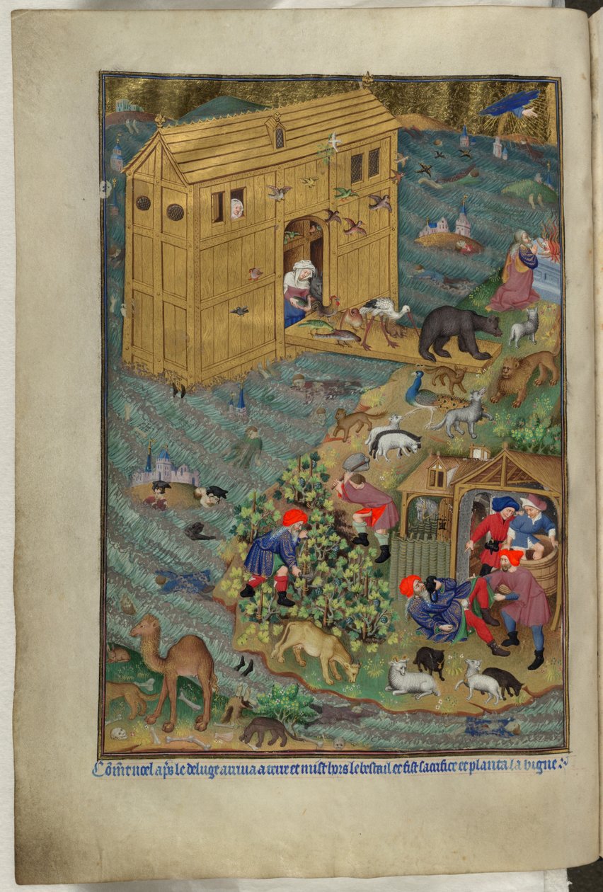 Lägg till Ms 18850 f.16v, The exit from the Ark, från Book of Hours (The Bedford Hours) c.1410-30 (bläck, färg & guld på veläng) av French School