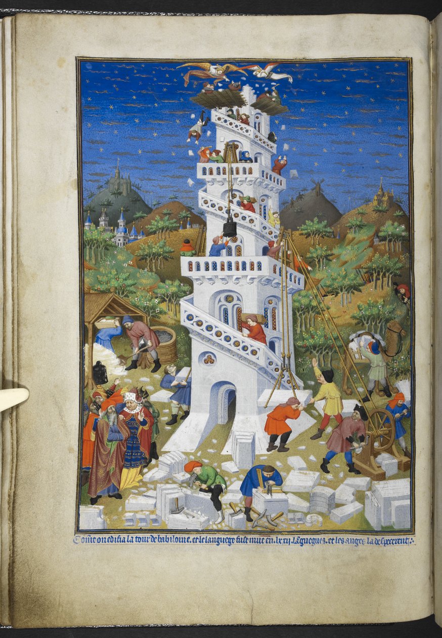 Lägg till Ms 18850 f.17v Building of the Tower of Babel, från Book of Hours (The Bedford Hours) c.1410-30 (bläck, färg & guld på veläng) av French School