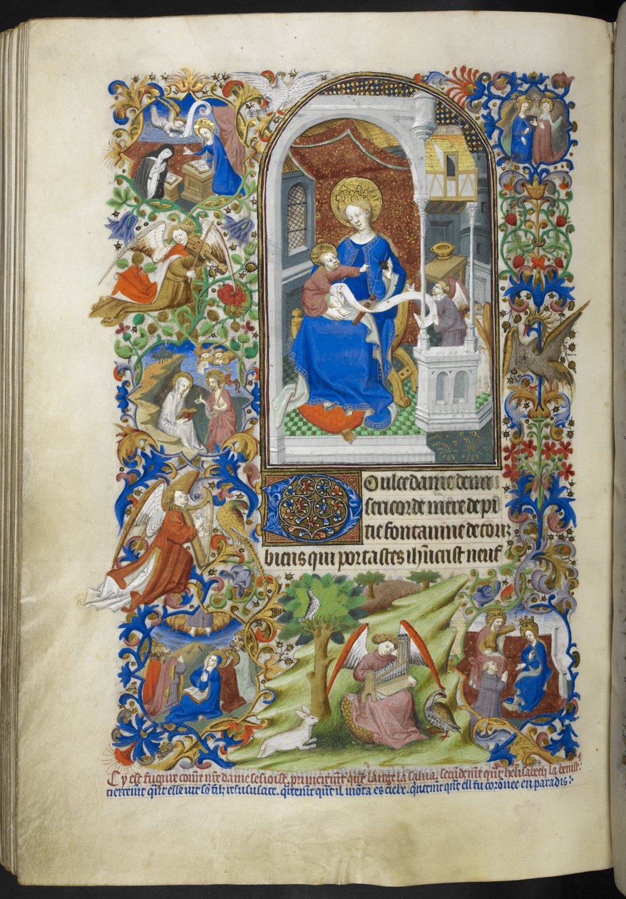 Lägg till Ms 18850 f.199v, Fifteen Joys of the Virgin Mary, Book of Hours (The Bedford Hours) c.1410-30 (bläck, färg & guld på veläng) av French School