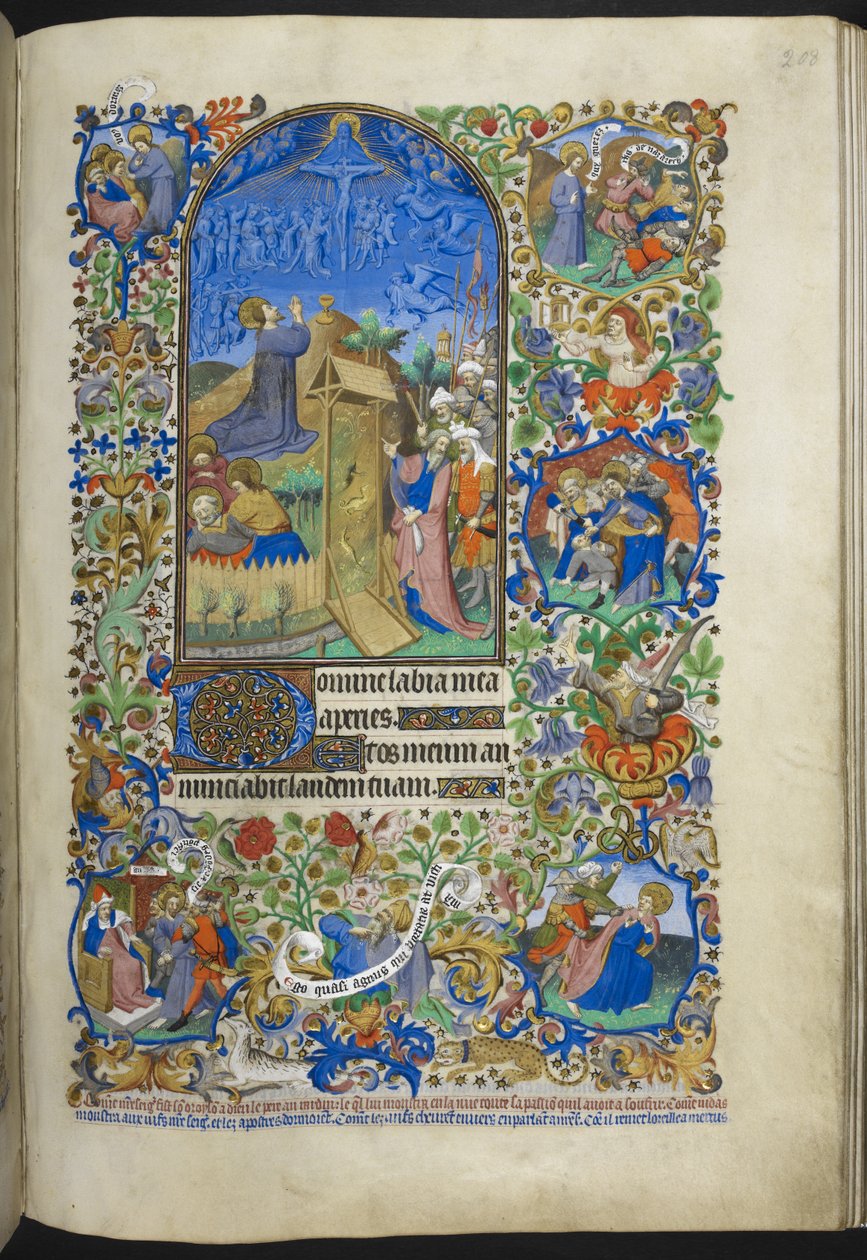 Lägg till Ms 18850 f.208r, Hours of the Passion: Agony in the Garden, med ytterligare scener i kanten, från Book of Hours (The Bedford Hours) c.1410-30 (bläck, färg & guld på veläng) av French School