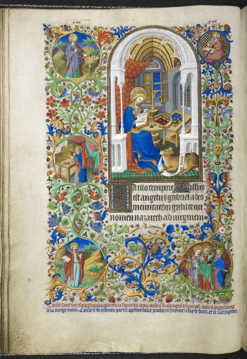 Lägg till Ms 18850 f.20v Luke the Evangelist, från Book of Hours (The Bedford Hours) c.1410-30 (bläck, färg & guld på veläng) av French School