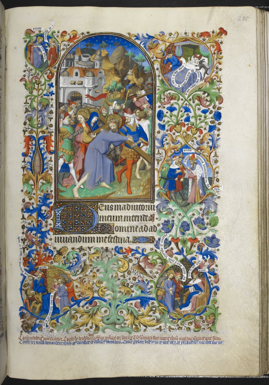 Lägg till Ms 18850 f.235r, Hours of the Passion [Sext], Kristus bär korset, från Book of Hours (The Bedford Hours) c.1410-30 (bläck, färg & guld på veläng) av French School