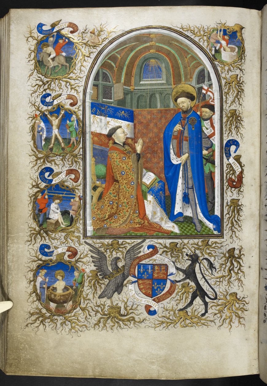Lägg till Ms 18850 f.256v, Duke of Bedford before St George, från Book of Hours (The Bedford Hours) c.1410-30 (bläck, färg & guld på veläng) av French School