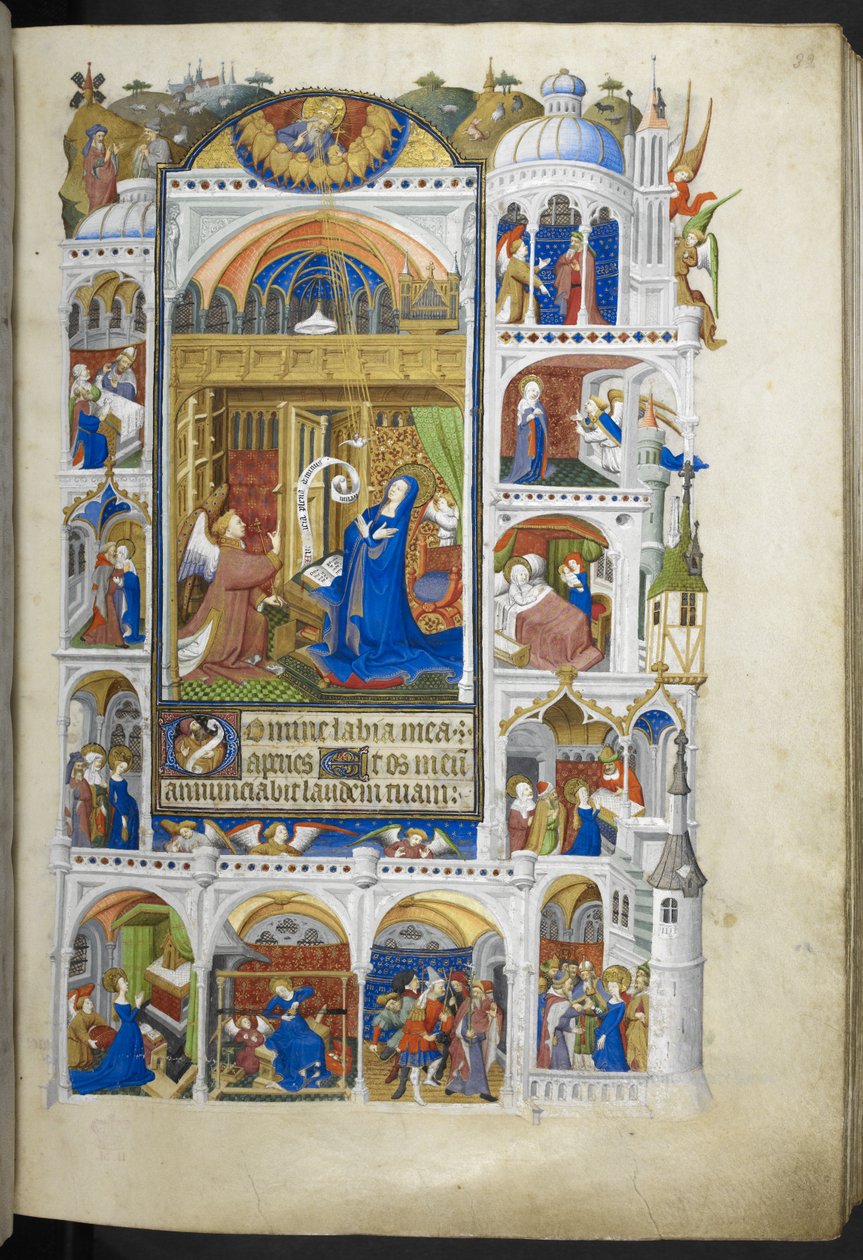 Lägg till Ms 18850 f.32r, The Annunciation, från Book of Hours (The Bedford Hours) c.1410-30 (bläck, färg & guld på veläng) av French School