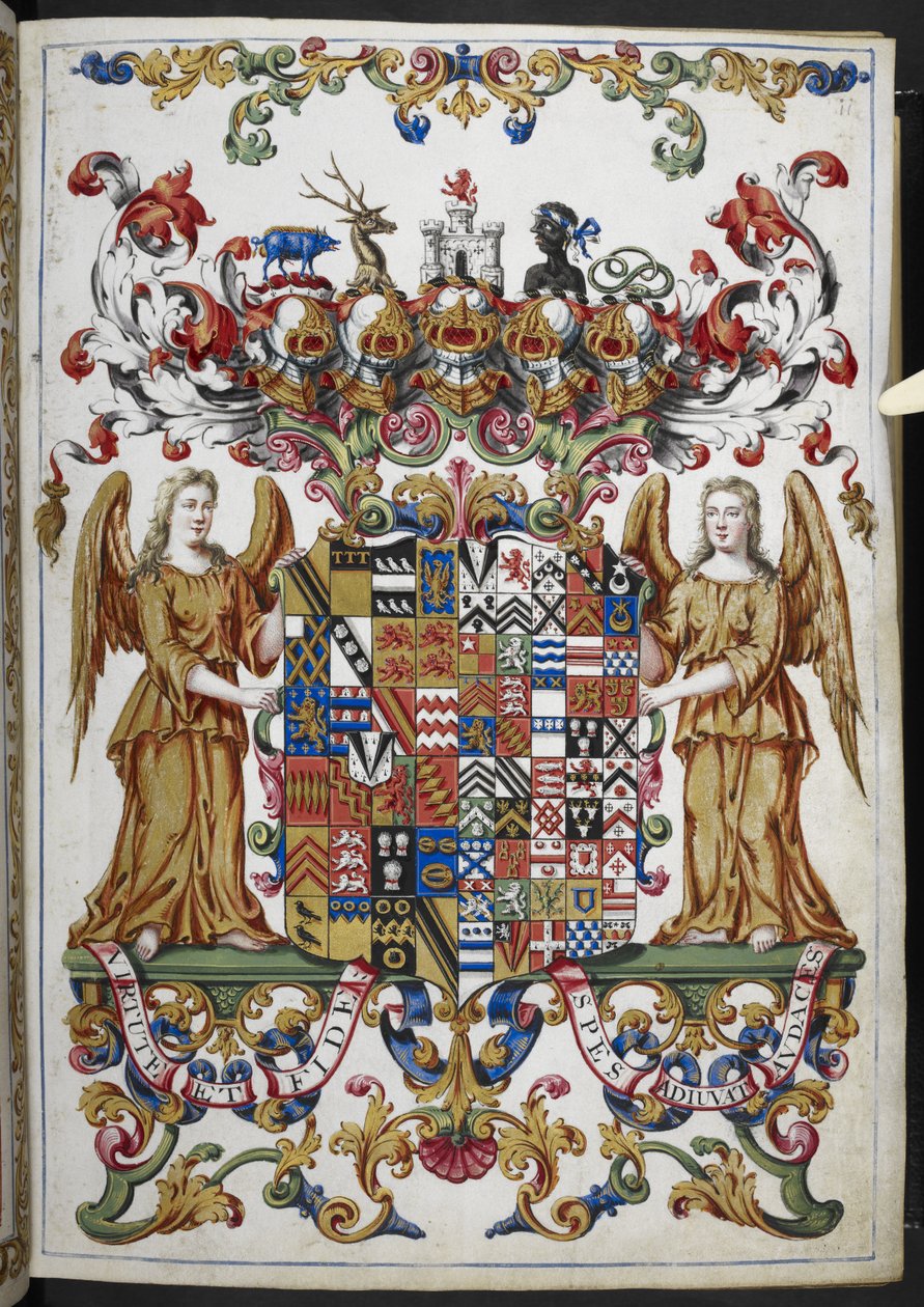 Lägg till Ms 18850 f.s008r Coat of Arms från Book of Hours (The Bedford Hours) c.1410-30 (bläck, färg & guld på veläng) av French School