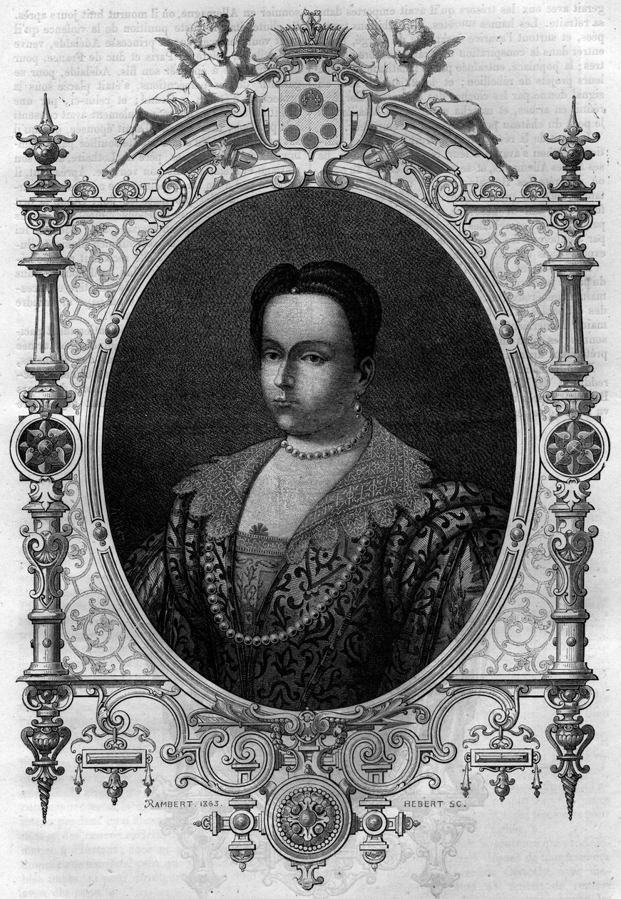 Adelaide av Bourgogne (931-999), änka av Lothaire (greve av Paris och hertig av Frankrike) och andra hustru till Othon I den store. Gravyr i "Histoire des Papes-Rois-Queen and Empereurs a travers les centuries"" av Maurice Lachatre av French School