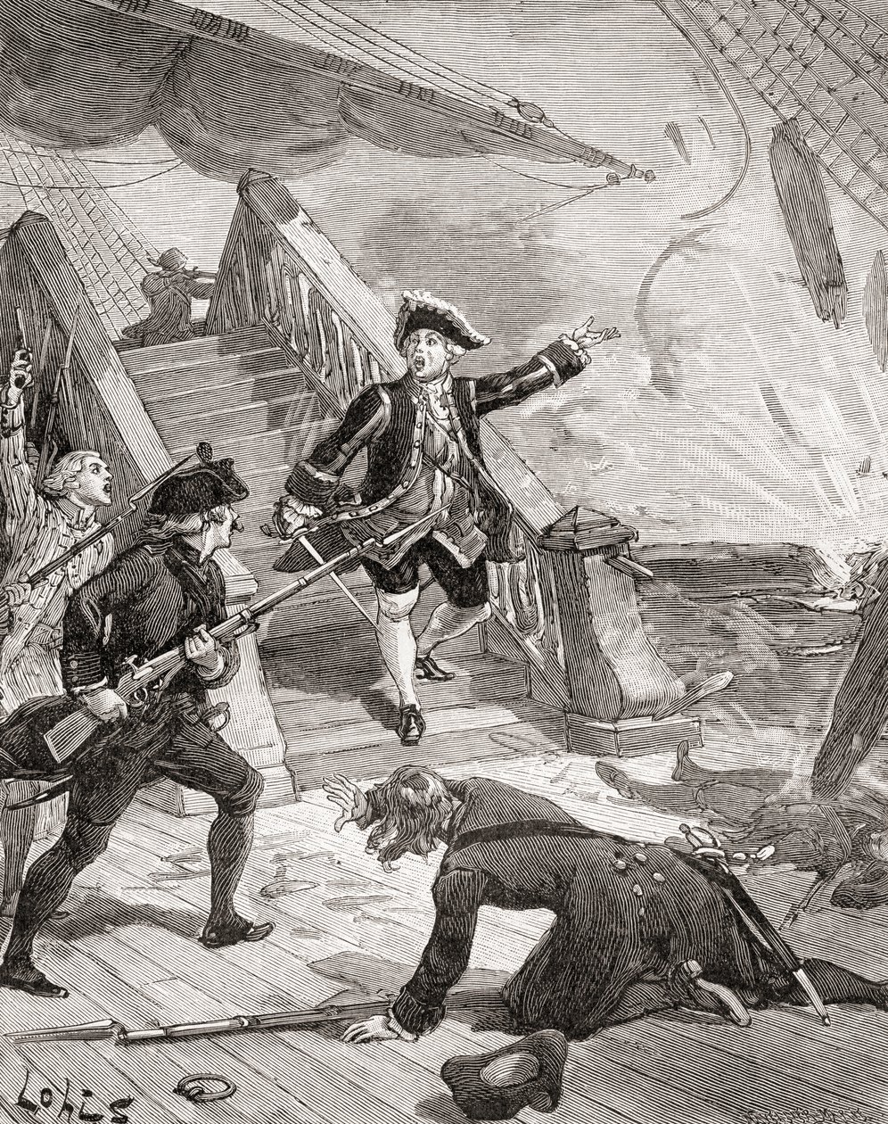 Amiral Suffren i Indiska oceanen under sitt fälttåg mot engelsmännen på 1700-talet, ur "Histoire de France", publicerad ca 1880 (gravyr) av French School