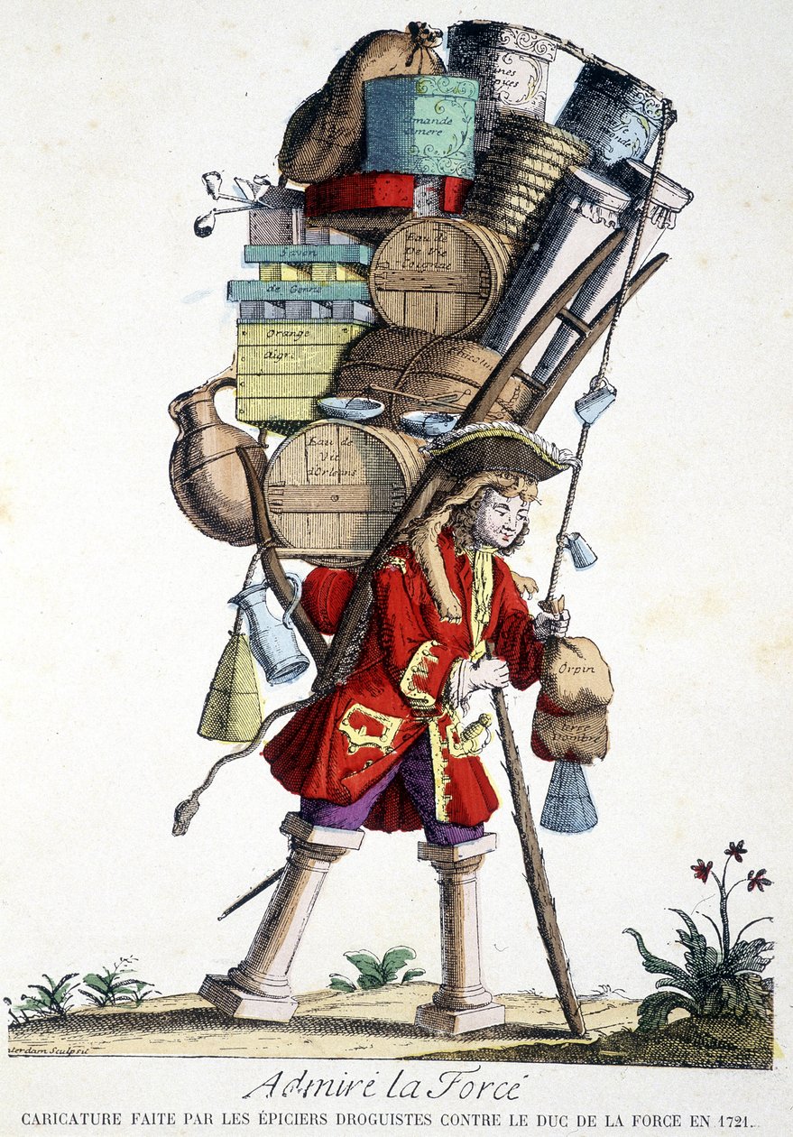 Beundra kraft. Tecknad film gjord av drogister mot Duke of Force 1721. av French School