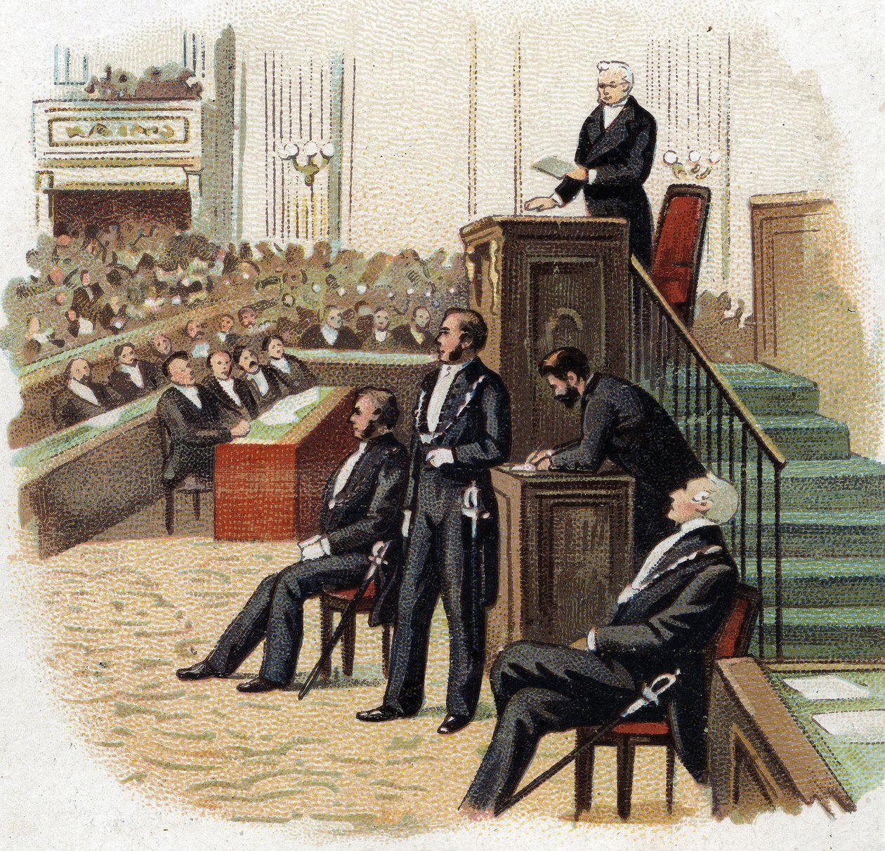 Adolphe Thiers (1797-1877), republikens president vid nationalförsamlingens podium 1872 - Chromolithography (Chromo) från början av 1900-talet. av French School