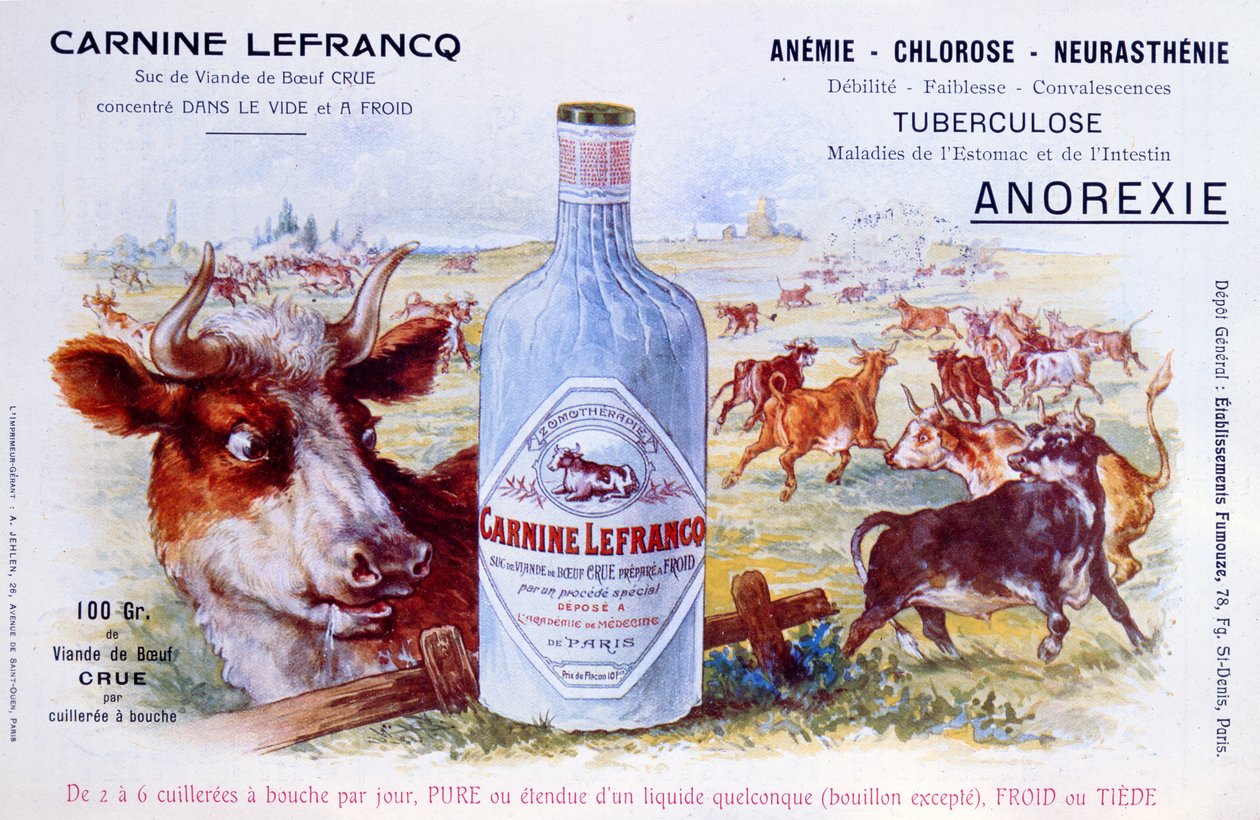 Annons för Carnine Lefrancq, publicerad i den medicinska tidskriften Chanteclair, tidigt 1900-tal av French School