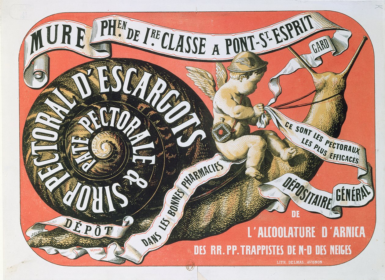 Annons för Chest Sirap Sirop Pectoral dEscargots, c.1860 av French School