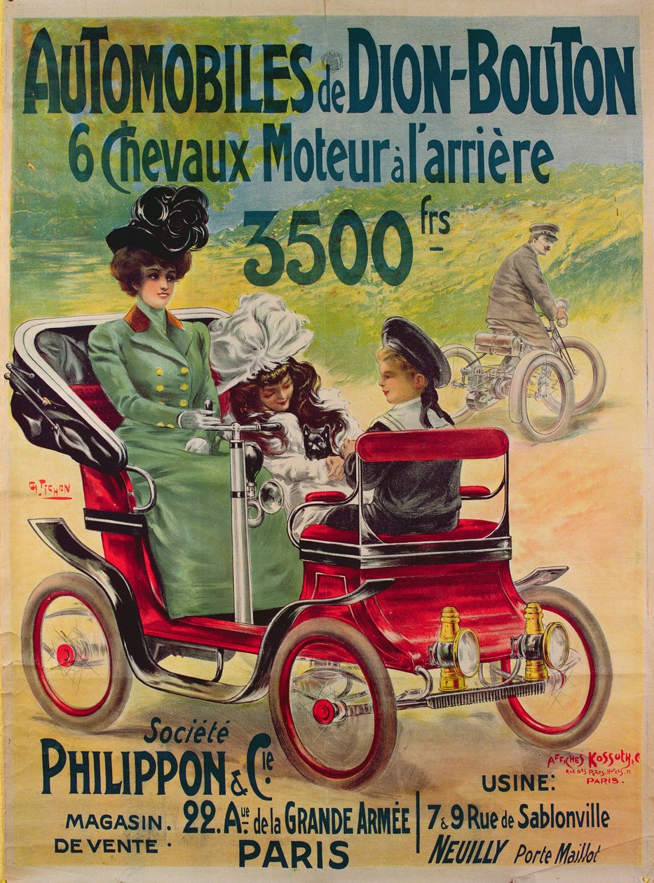 Annons för De Dion-Bouton bilar, ca 1900 av French School