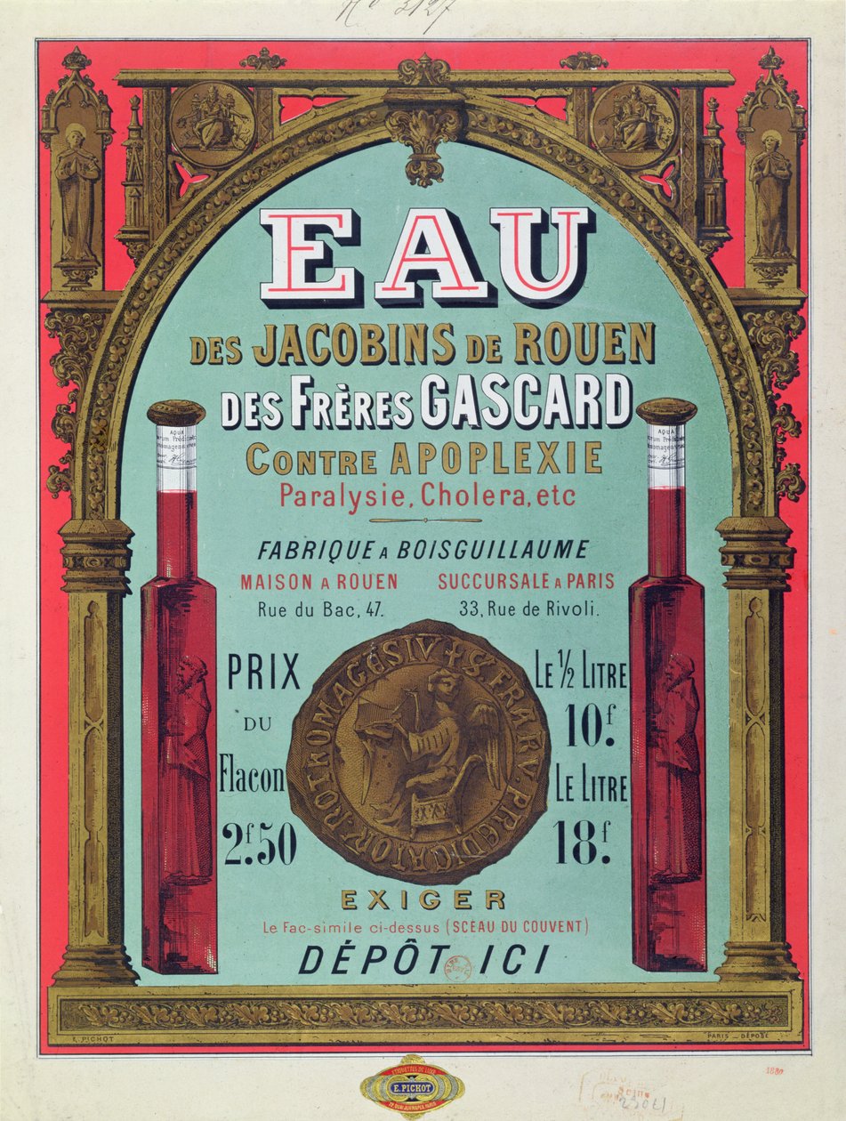 Annons för "Eau des Jacobins de Rouen", mitten av artonhundratalet (lito i färg) av French School