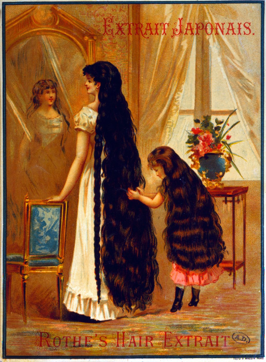 Annons för Extrait Japonais, en frisörprodukt som främjar hårväxt, 1895 av French School