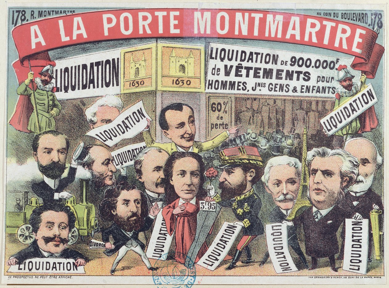 Annons för en klädförsäljning på Paris varuhus La Porte Montmartre, ca 1880 av French School