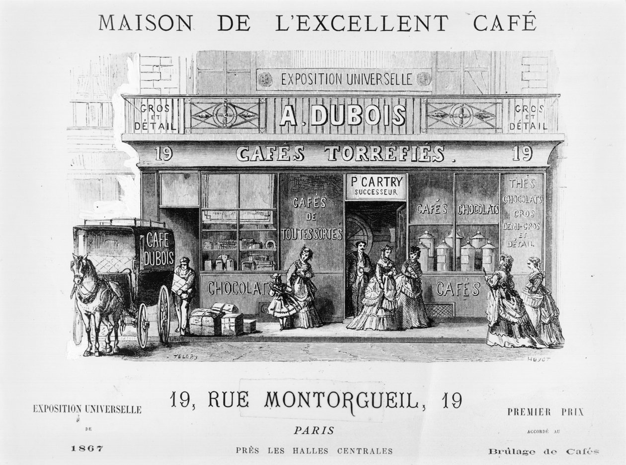 Annons för en kaffeförsäljare i Rue Montorgueil, Paris, ca 1870 av French School
