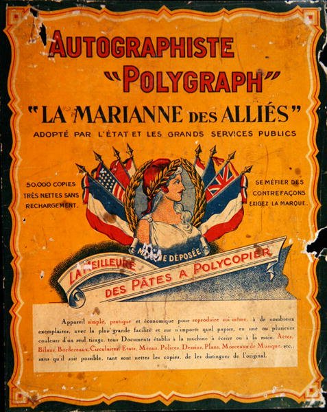 Annons för en kopieringsmaskin vid tiden för första världskriget (färg litho) av French School