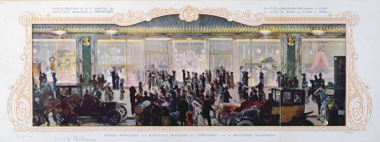 Annons för invigning av nya byggnader på det parisiska varuhuset Printemps, 1910 av French School