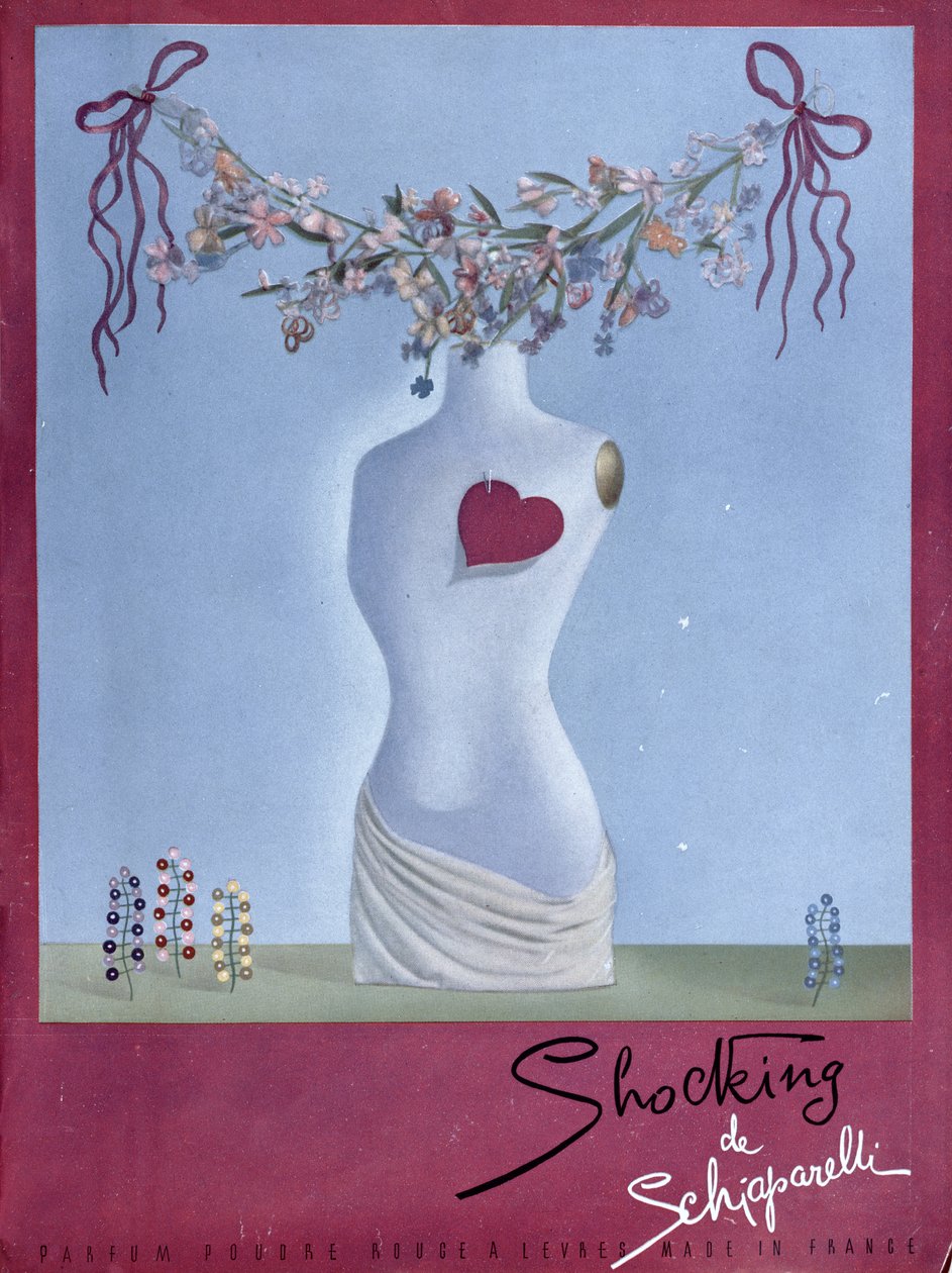 Annons för parfymen "Shocking" av Schiaparelli, illustration från tidningen "Vogue", november 1938 (färglitografi) av French School