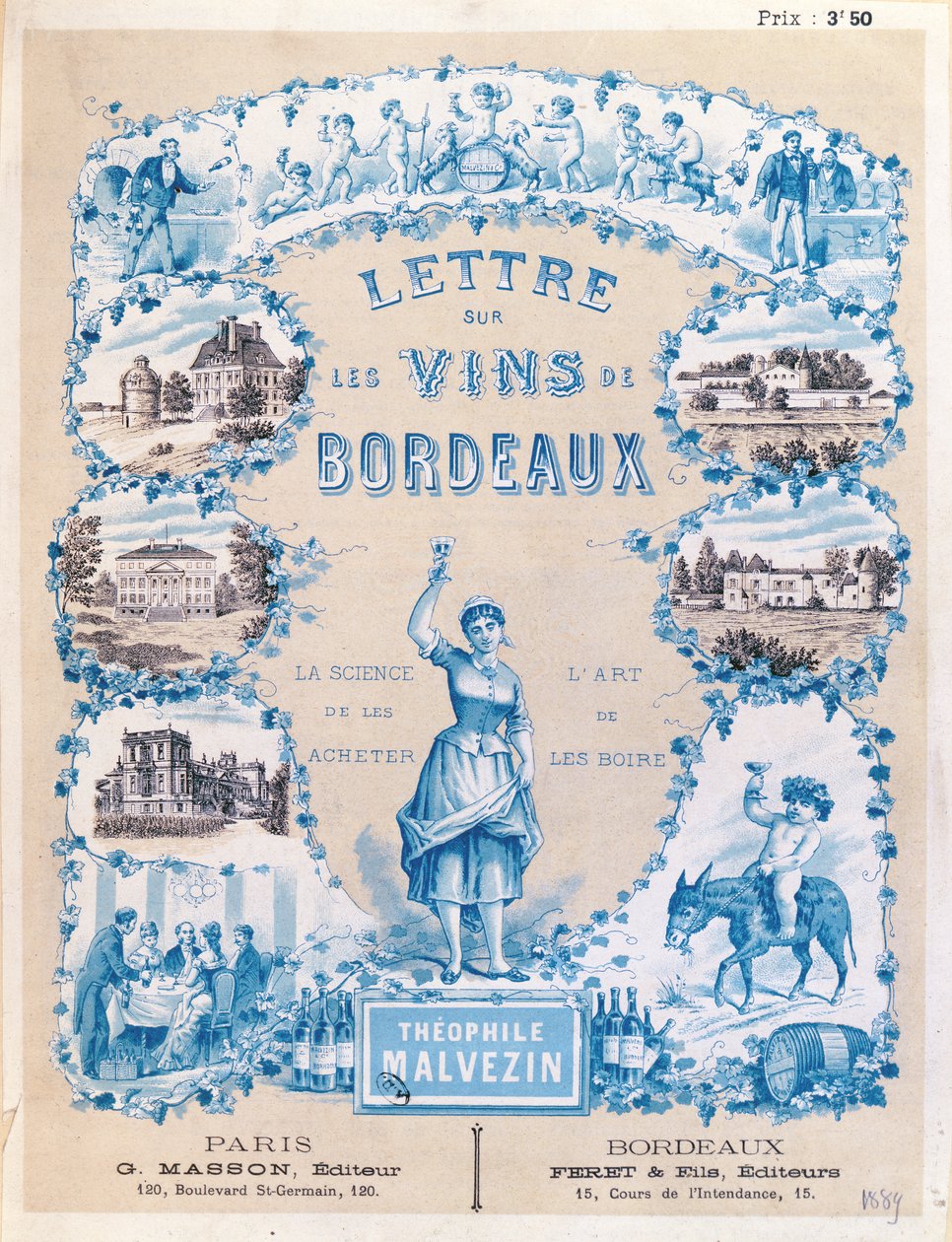 Annons som främjar publiceringen av Lettre sur les Vins de Bordeaux av Theophile Malvezin, 1889 av French School