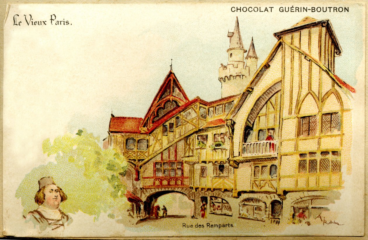 Reklamkromolitografi av choklad Guerin Boutron, Gamla Paris, Rue des Remparts av French School