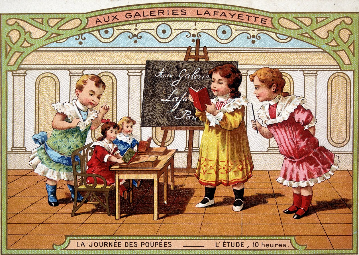 Reklamkort för Galeries Lafayette: små flickor som leker som lärare med sina dockor. av French School