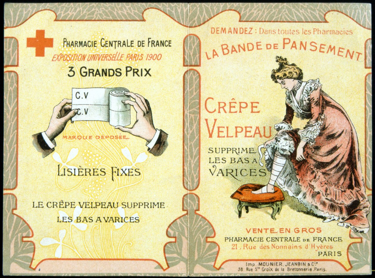 Reklamkort för "" Velpeau Crepe Dressing Band tar bort åderbråck"". Sd. 1800-talet. av French School