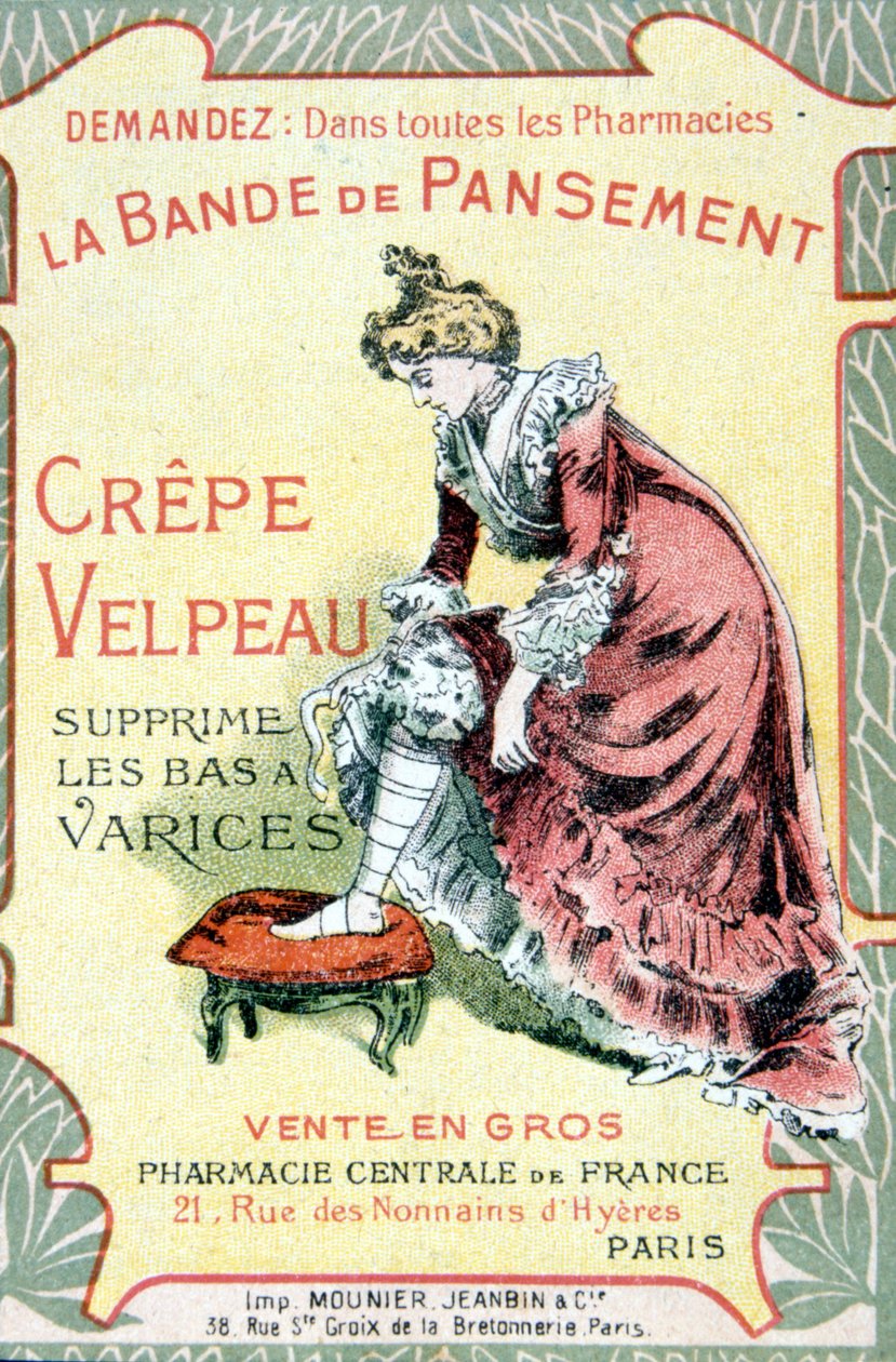 Reklamkort för "" Velpeau Crepe Dressing Band tar bort åderbråck"". Sd. 1800-talet. av French School