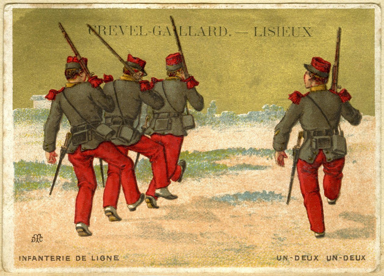 Reklamkromolitografi av Grevel-Gaillard, Lisieux, online-infanteri, en två, en två (kromolitografi) av French School