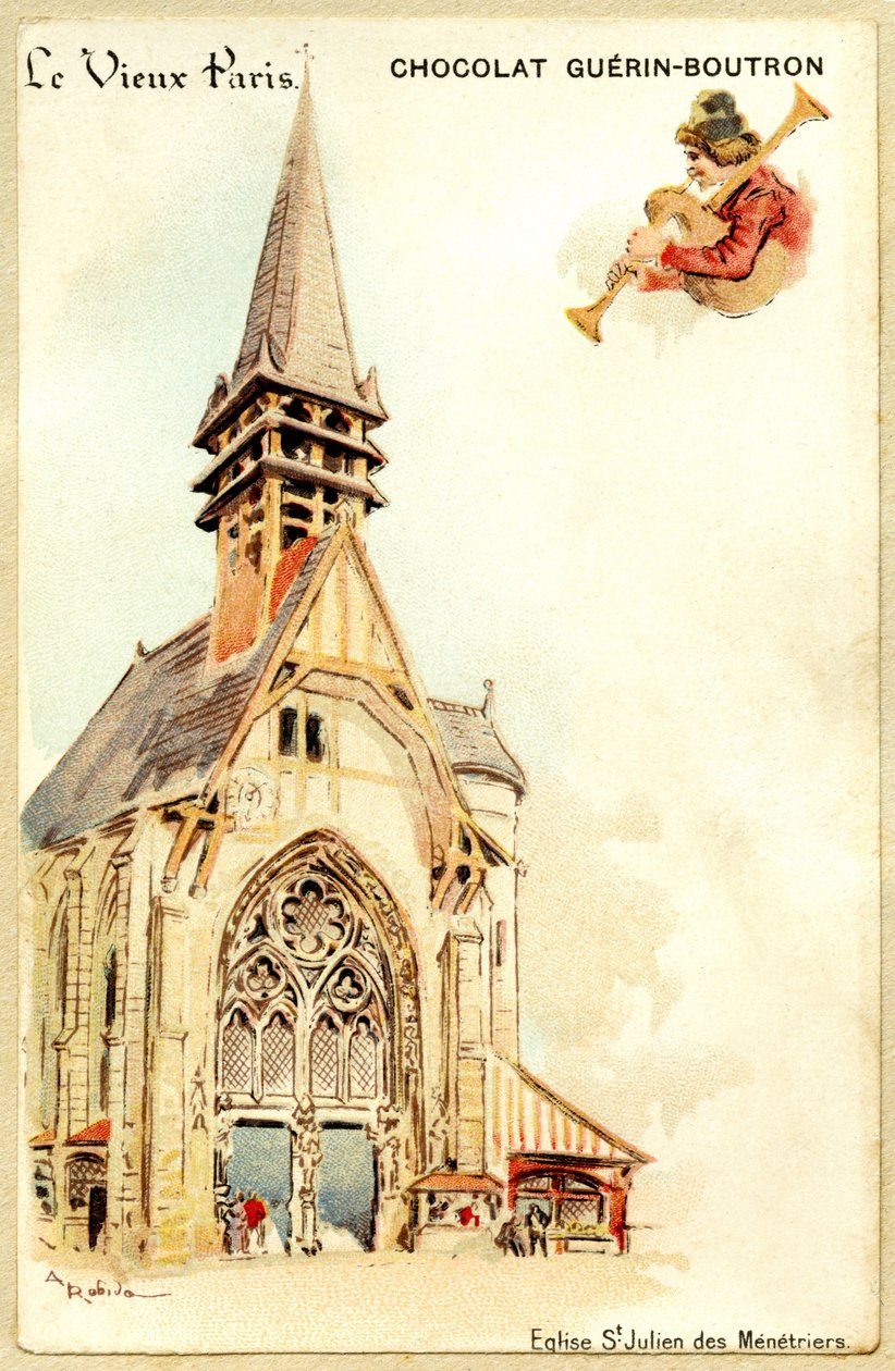 Reklamkromolitografi av Guerin Boutron-choklad, LE VIEUX PARIS, Saint Julien des Menetriers kyrka av French School