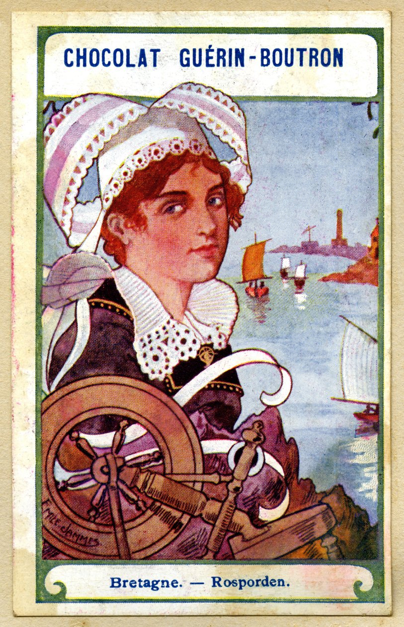 Reklamkromolitografi av choklad Guerin Boutron, huvudbonaderna i regionerna i Frankrike, Bretagne, rosporden, illustration Emile Jammes (kromolitografi) av French School