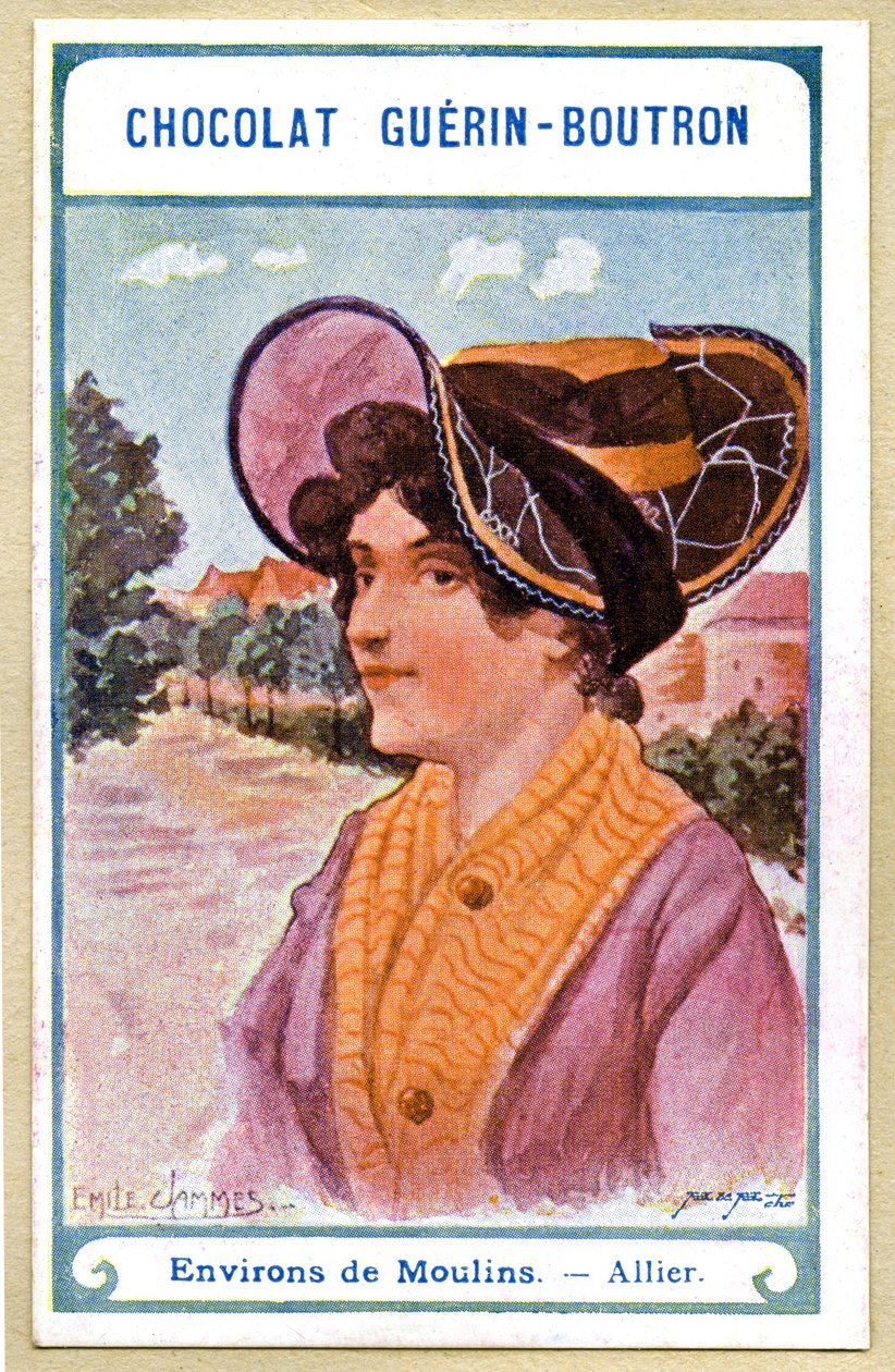 Reklamkromolitografi av choklad Guerin Boutron, huvudbonaderna i Frankrikes regioner, Moulins omgivningar, Allier, illustration Emile Jammes (kromolitografi) av French School