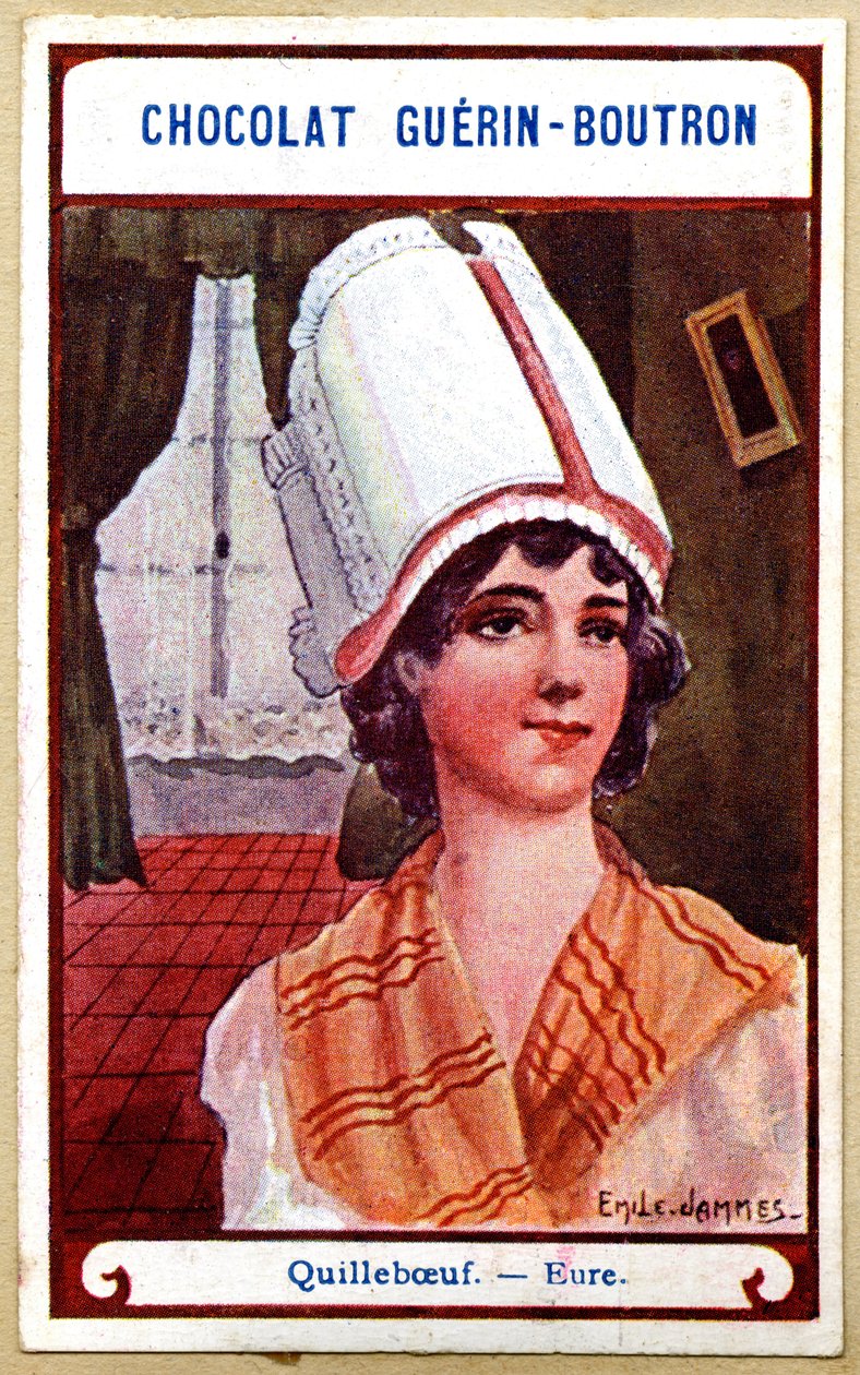 Reklamkromolitografi av choklad Guerin Boutron, huvudbonaderna i regionerna i Frankrike, Quillebœuf, Eure, illustration Emile Jammes (kromolitografi) av French School