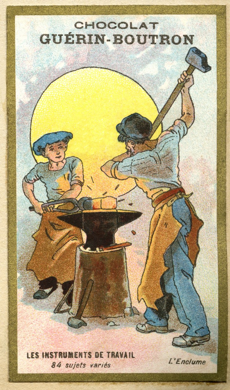 Reklamkromolitografi av choklad Guerin Boutron, arbetsinstrument, 84 olika ämnen, städet av French School