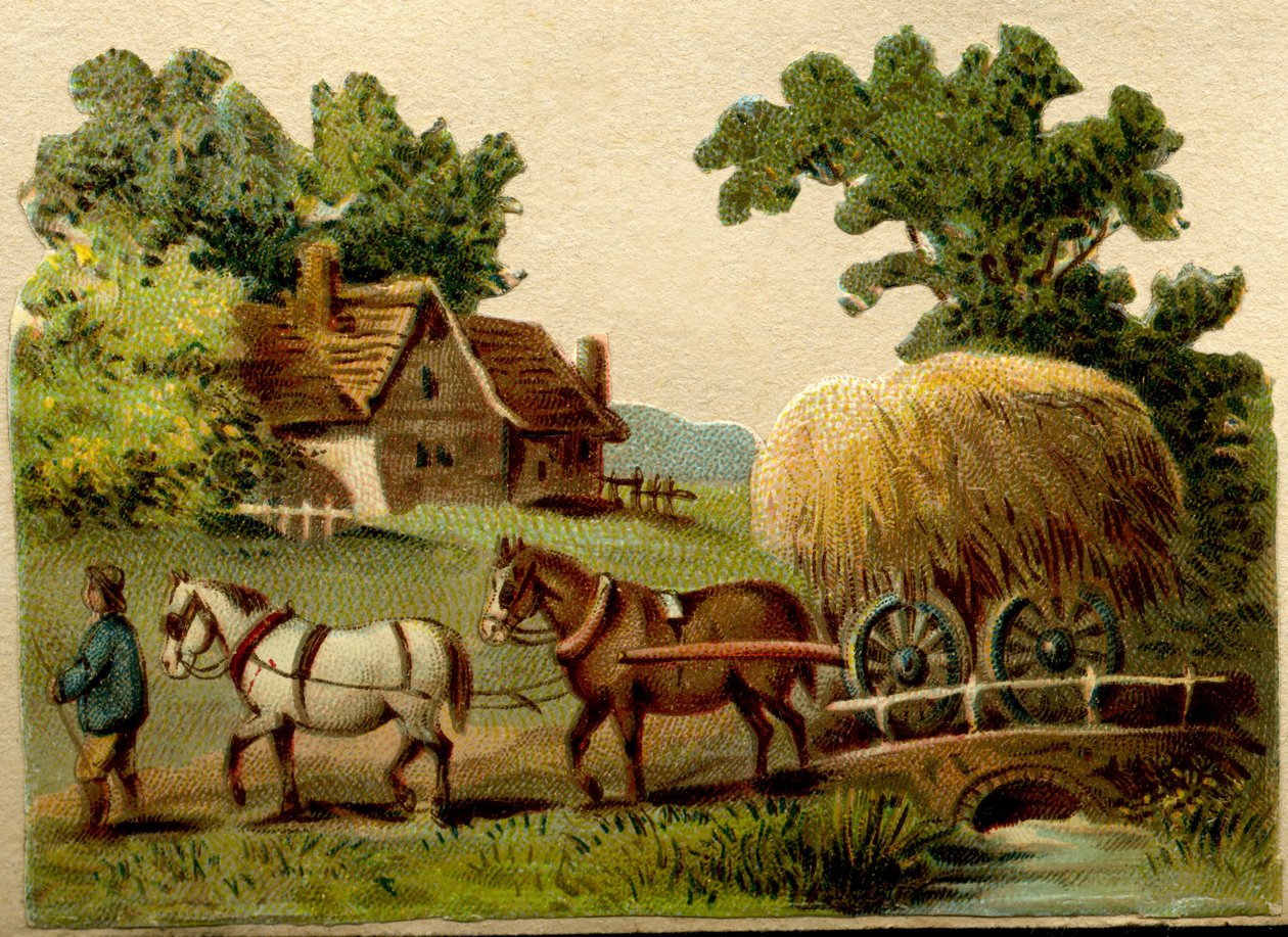 Reklamkromoscher, skurna i storlek enligt konturerna på de avbildade teckningarna som var mycket moderna i början av 1900-talet och avsedda att klippas ut och klistras in i album, Landsbygdsscen, tidigt 1900-tal (kromolitografi) av French School