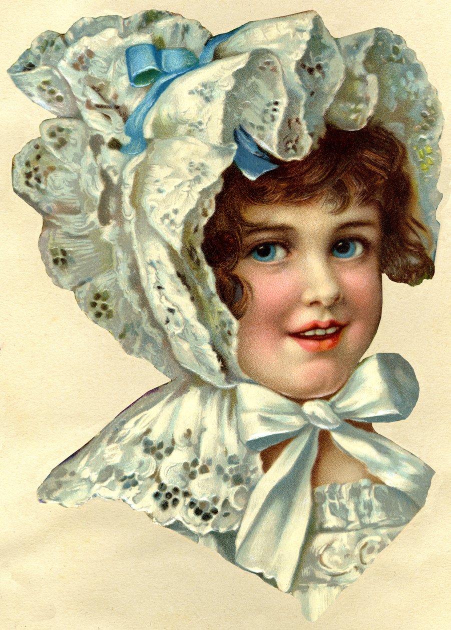 Reklamkromor, skurna i storlek enligt konturerna av de representerade teckningarna som var mycket moderiktiga i början av 1900-talet och designade för att klippas och klistras in i album, Porträtt av en liten flicka, tidigt 1900-tal (chromolithog av French School