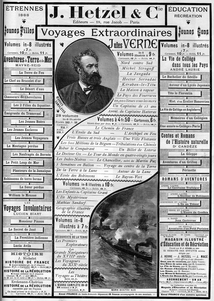 Reklam för Jules Vernes romaner som närmar sig slutet av året 1887, redaktör J. Hetzel. av French School