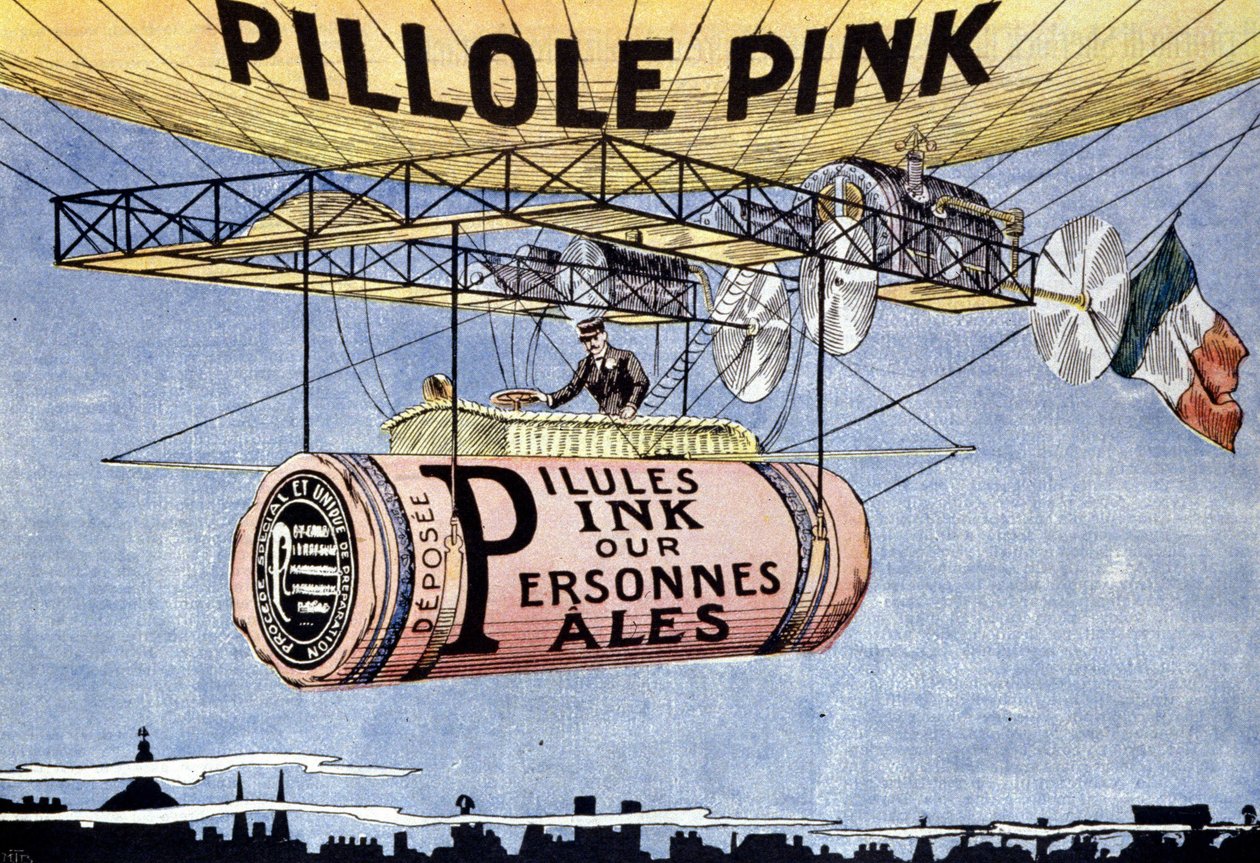 Reklam för rosa piller: mirakelpiller för bleka och försvagade människor. De regenererar blod och tonar nerverna. 1904 ca. av French School