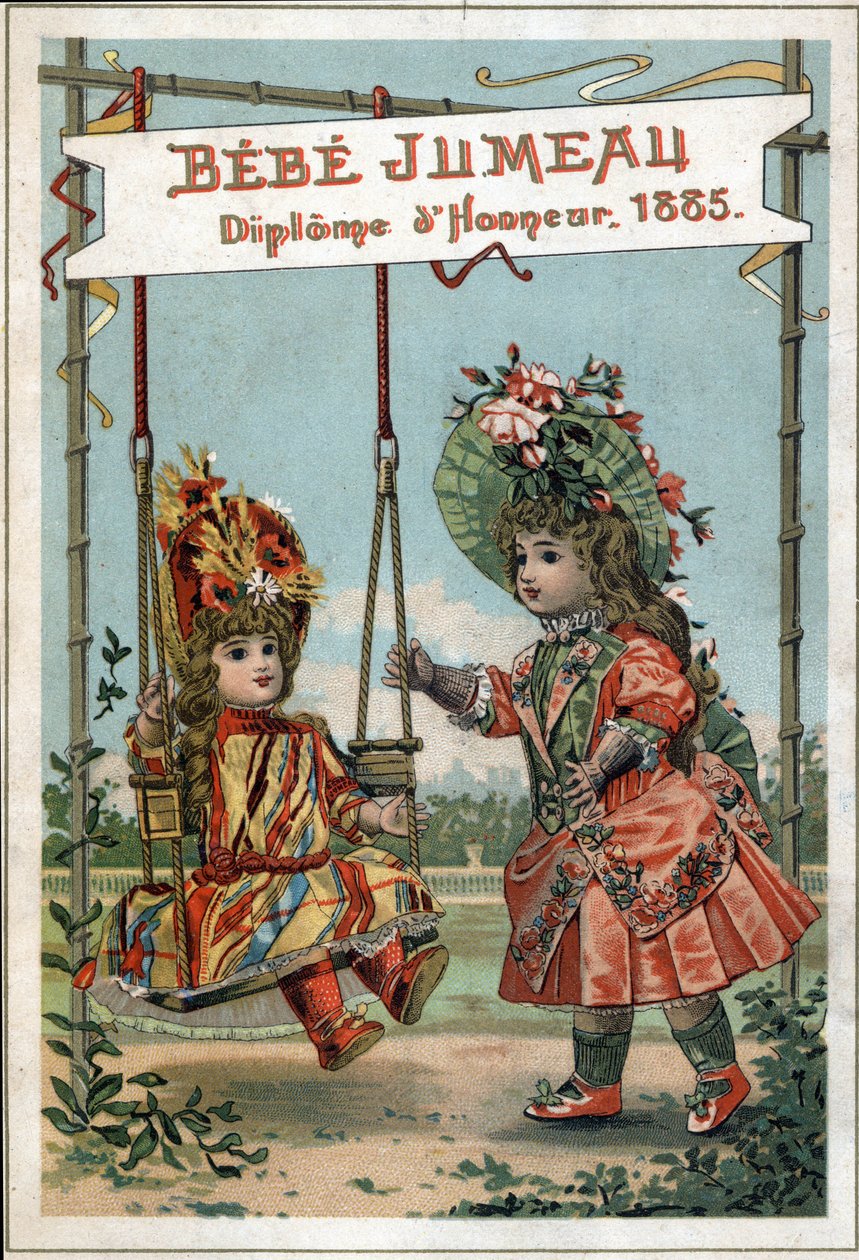 Reklam för tvillingdockor 1885 i tvillinghuset. (Världens första tillverkning för tillverkning av Beaux Bebes). av French School
