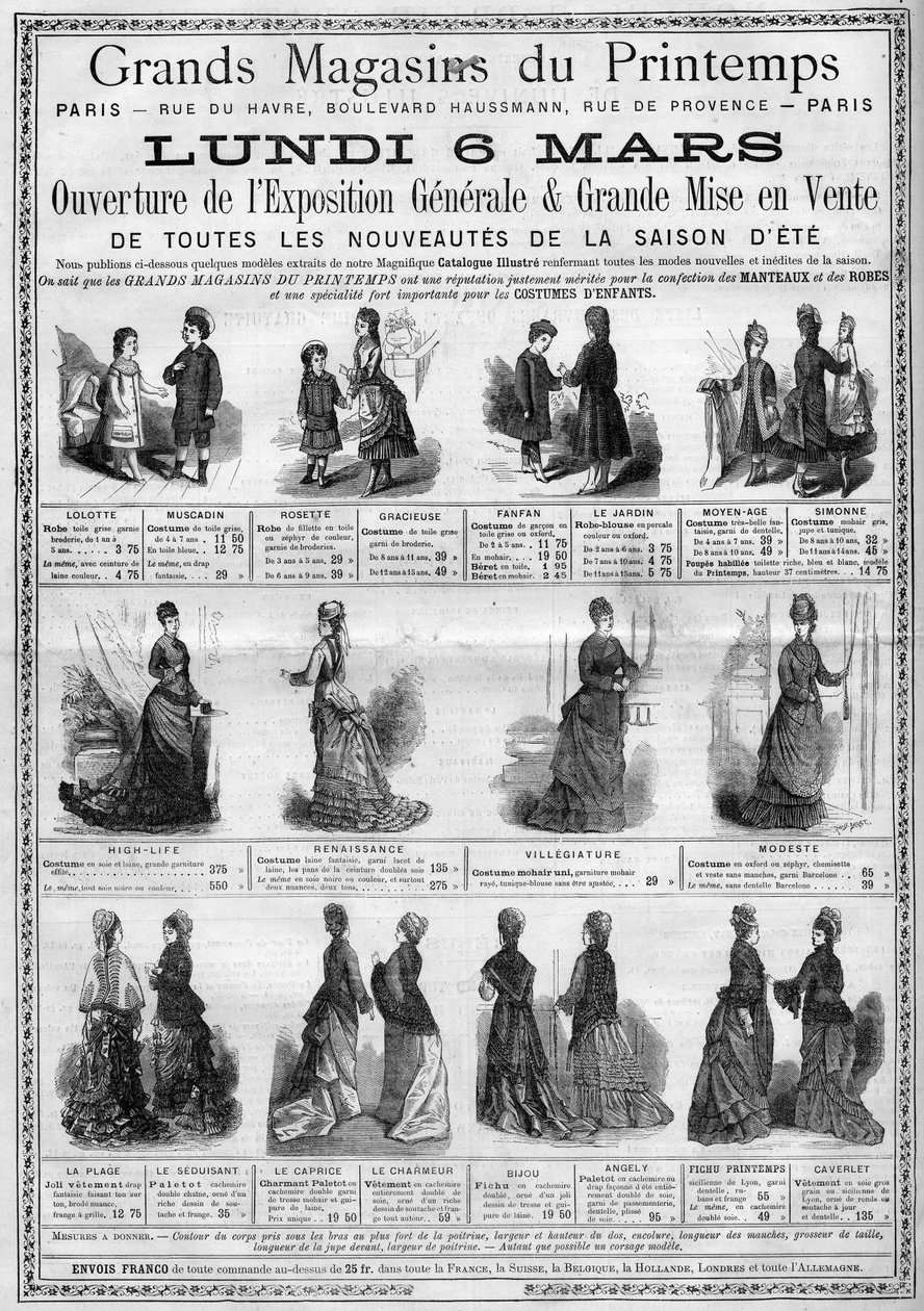 Reklam för öppnandet av den allmänna utställningen och försäljning av sommarsäsongens nykomlingar (sommarkollektion) på Printemps varuhus i Paris. Gravyr i "" L