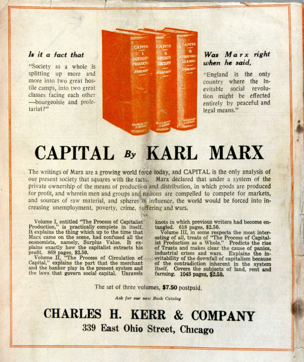 Annonsering för försäljning av Karl Marx bok "Le Capital" i en amerikansk tidskrift av French School